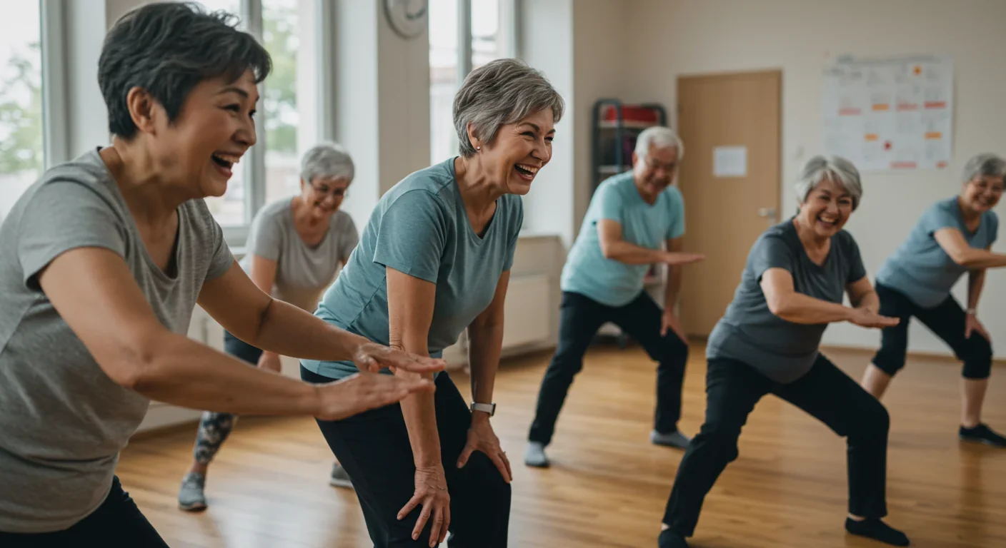Seniors participating in group exercise class demonstrating effective loneliness intervention through community connection