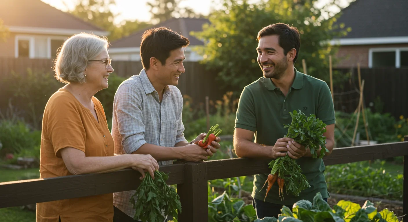 Neighbors connecting over garden fence showing simple daily interactions that combat social isolation