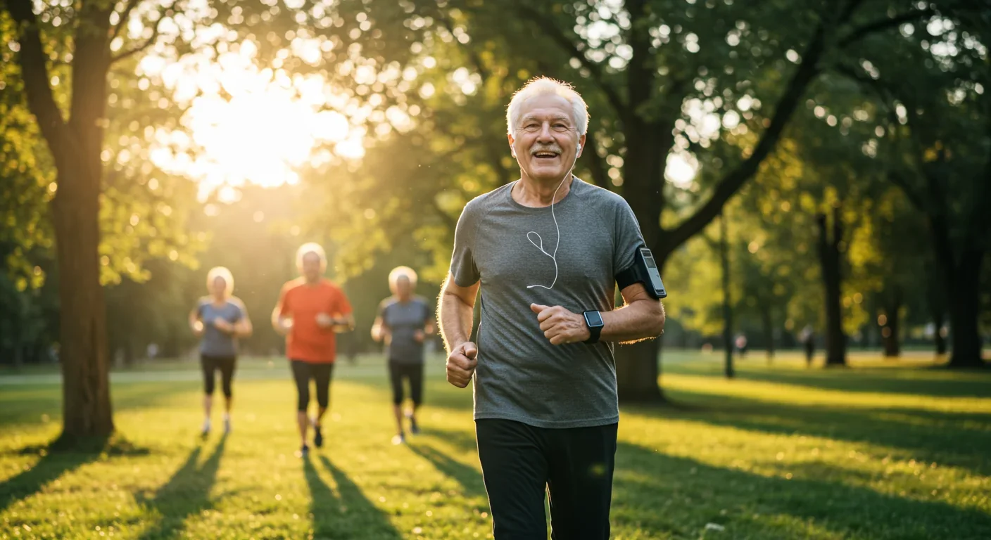 Healthy elderly person jogging at sunrise demonstrating active aging and extended healthspan