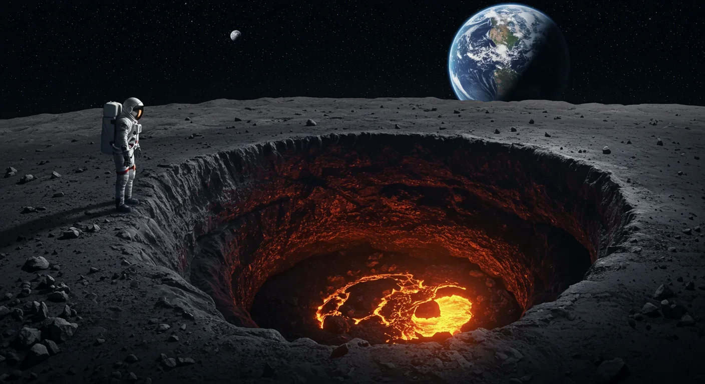 Astronaut examining entrance to lunar lava tube cave with Earth visible in background