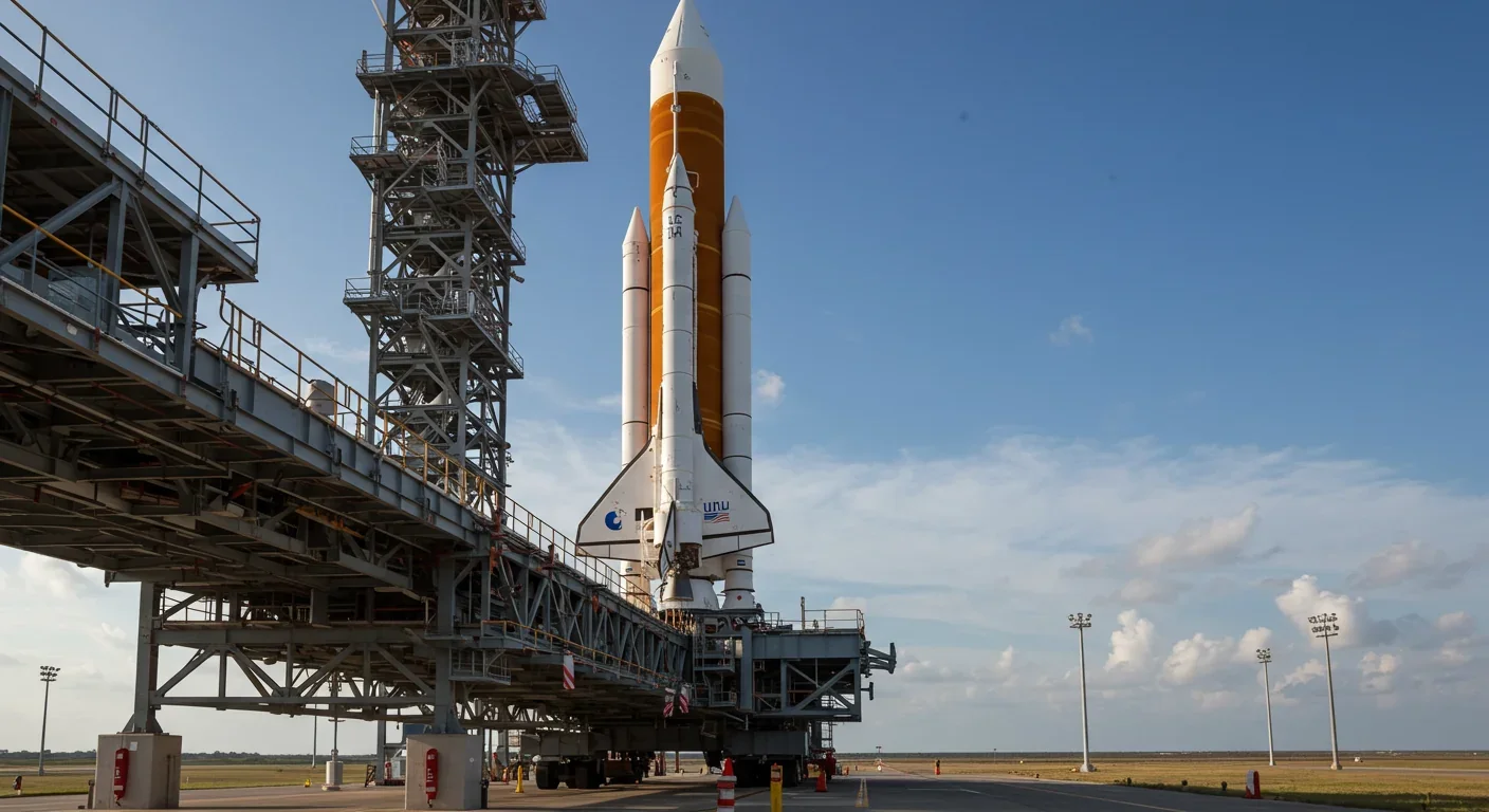 Traditional chemical rocket on launch pad showing fuel infrastructure