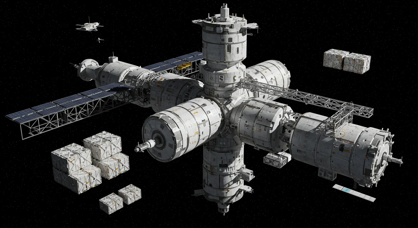 Orbital construction facility assembling space infrastructure from lunar materials