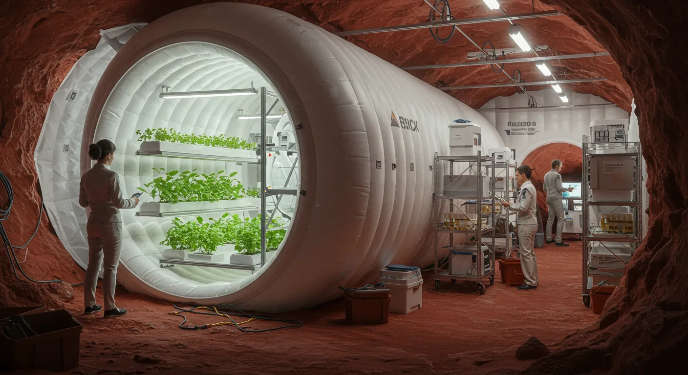 Interior view of pressurized habitat module inside Martian lava tube with astronauts and equipment