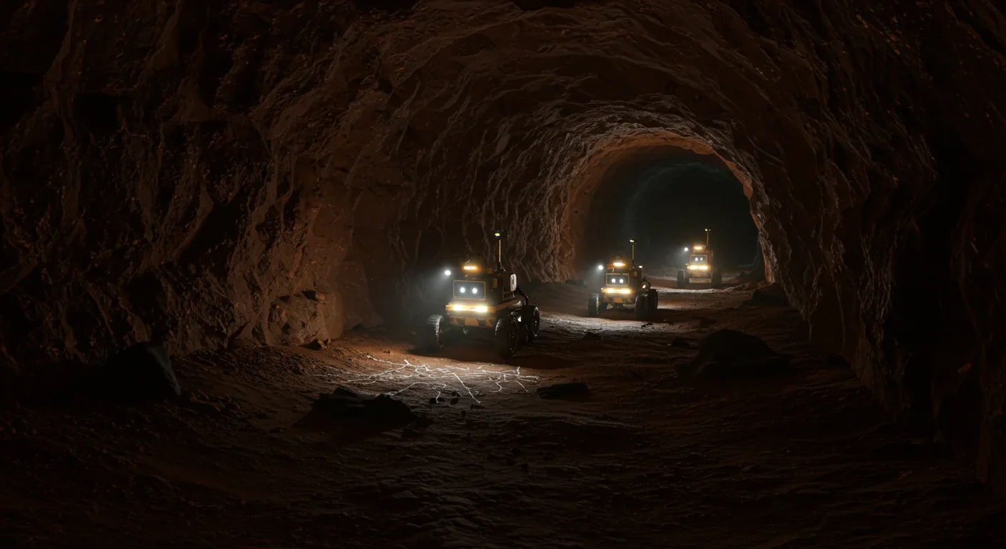 Autonomous robots with lights and sensors exploring interior of Martian lava tube cave