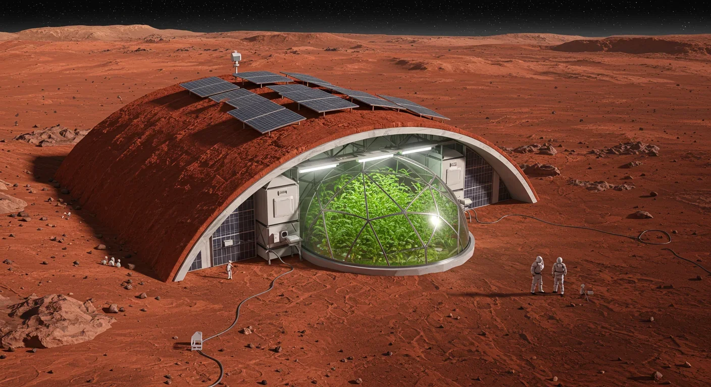 Mars habitat built into crater using regolith soil for natural radiation shielding