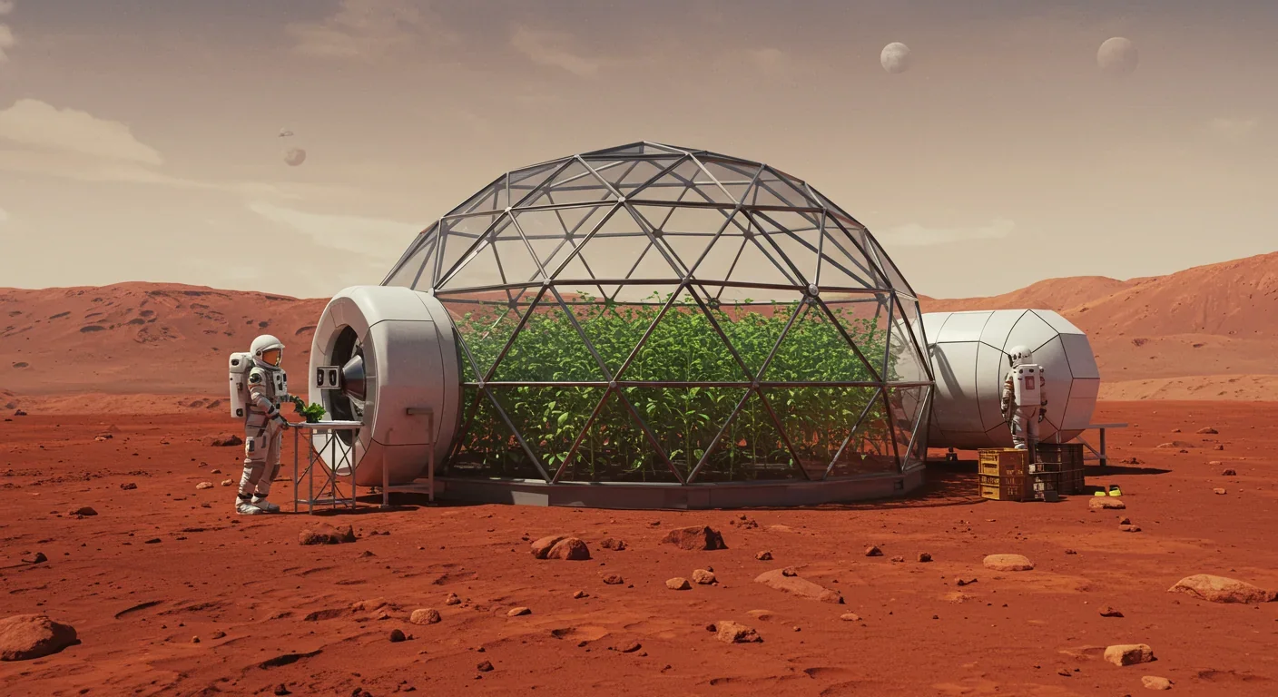 Astronauts working in a greenhouse dome on Mars surface with plants growing inside