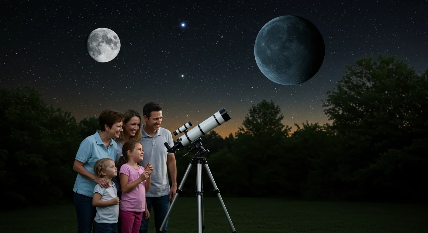 Family observing a blue-tinted terraformed Mars through telescope from Earth backyard