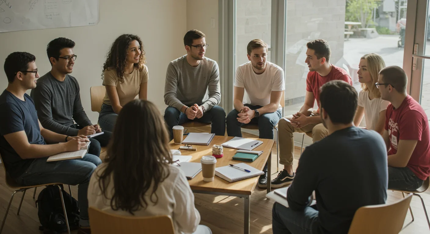 Young adults in deep conversation during outdoor community gathering