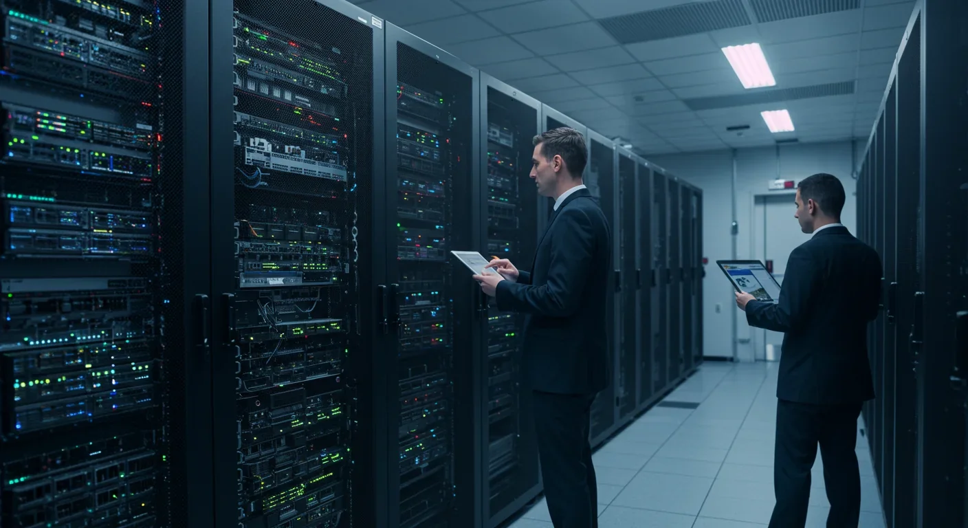 Data center technician monitoring memristor-powered AI servers