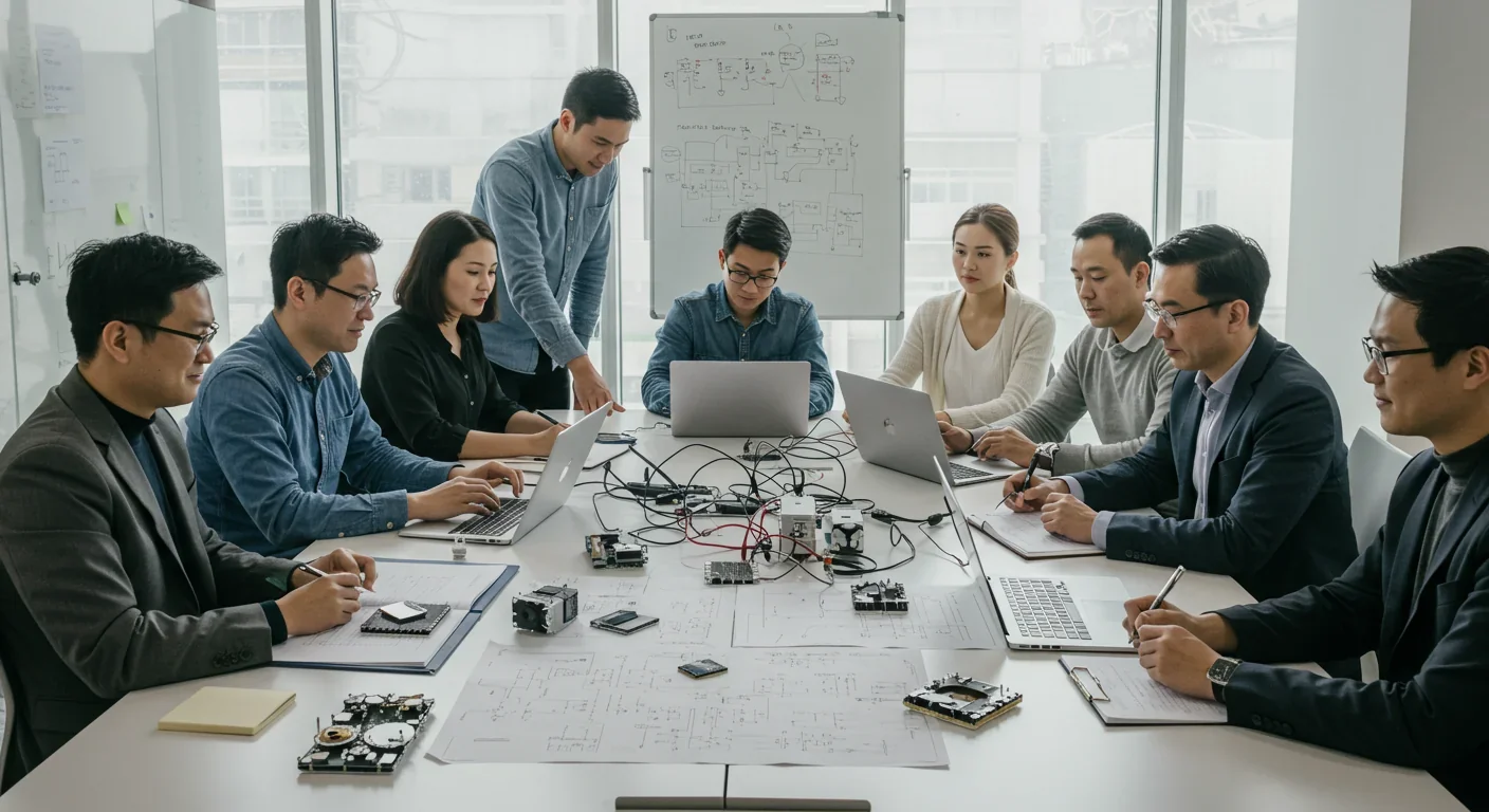 Engineering team collaborating on memristor chip design