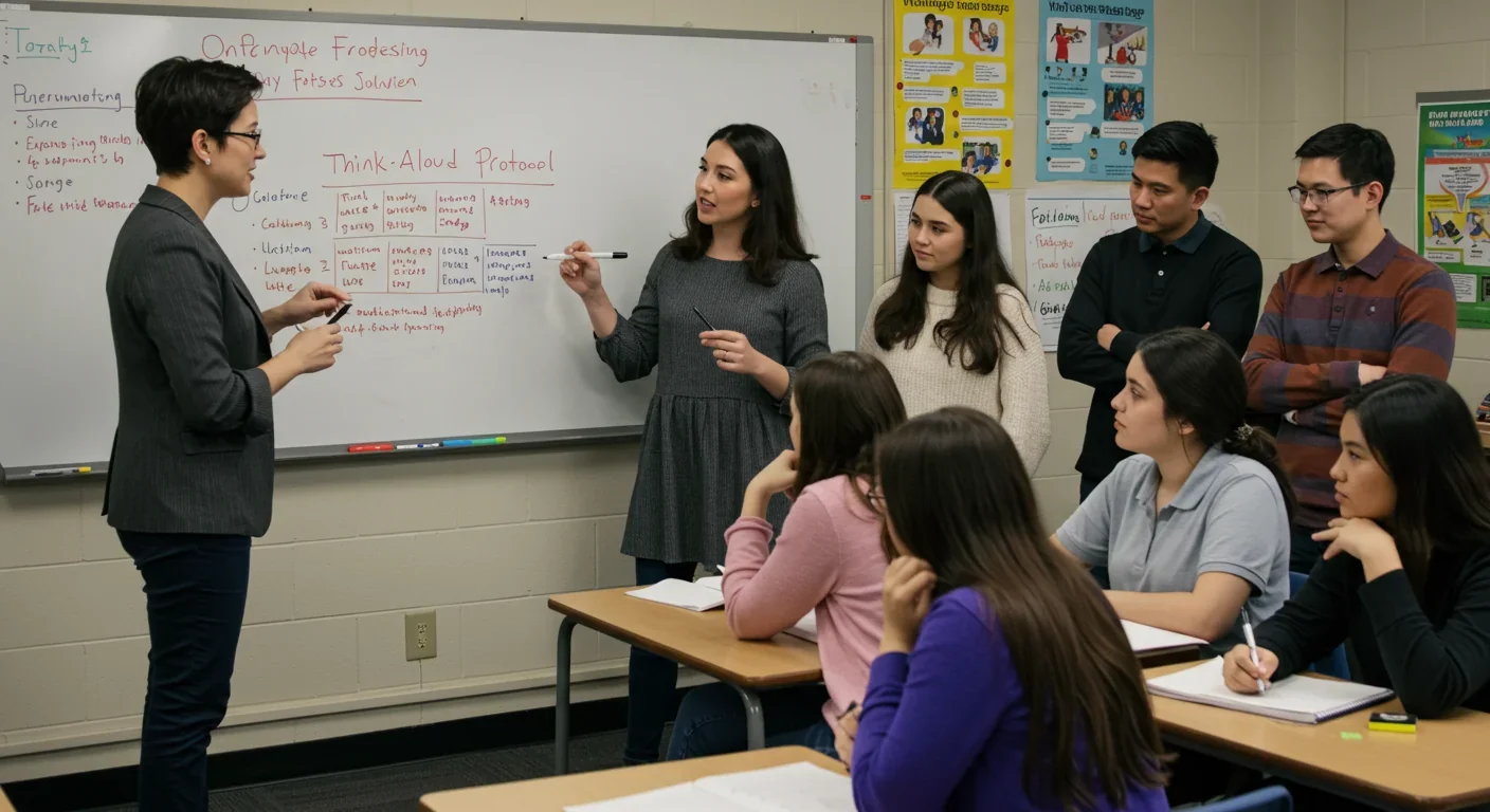 Teacher demonstrating think-aloud problem-solving method to engaged students in a classroom with metacognitive strategy posters