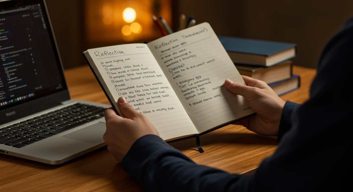 Student writing in a reflective learning journal, documenting effective and ineffective study strategies on a desk with books and laptop