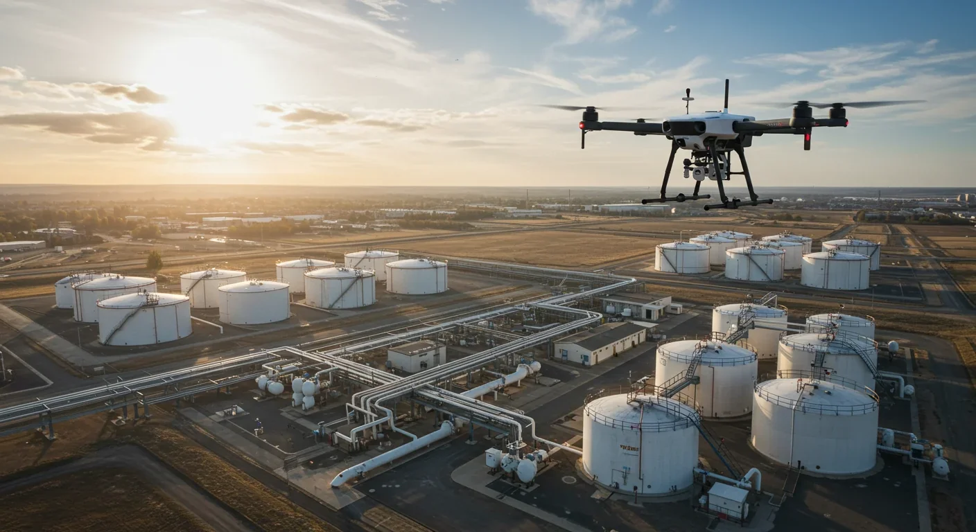 Drone with laser sensors flying over natural gas facility to detect methane leaks from storage tanks