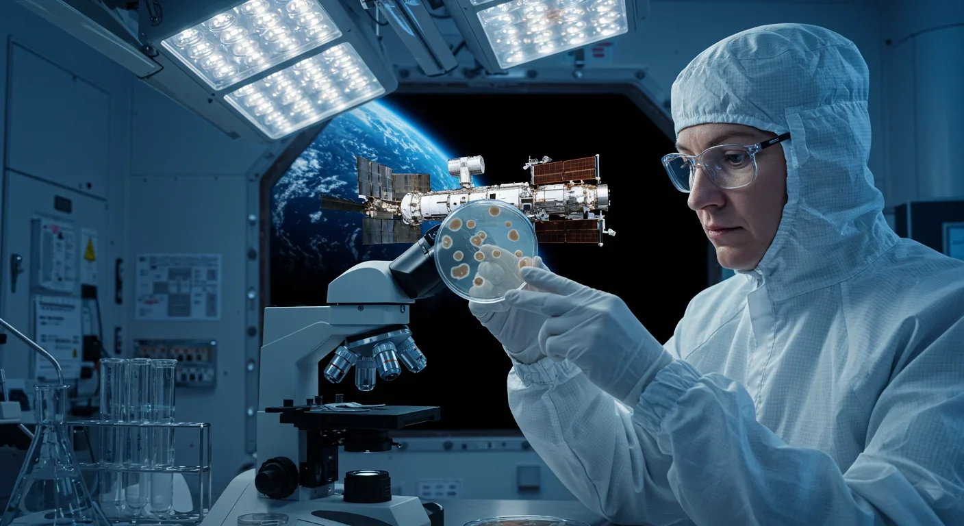 Microbiologist examining bacterial cultures in cleanroom with ISS visible through window