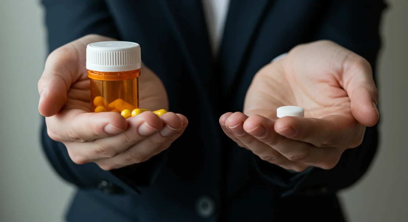 Hands comparing real medication with placebo sugar pill demonstrating treatment equivalence