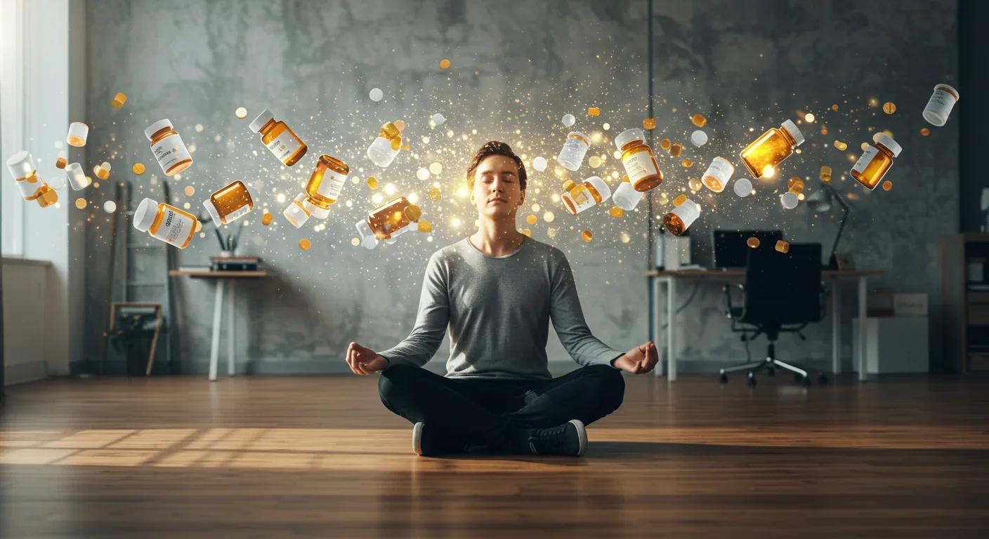 Person meditating surrounded by symbolic representation of mental healing power