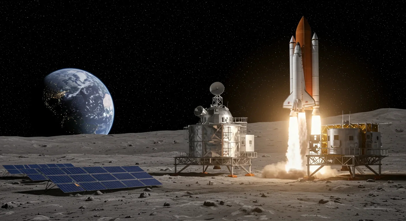 Permanent lunar base with habitats and launch facilities powered by in-situ resource utilization from local ice and regolith
