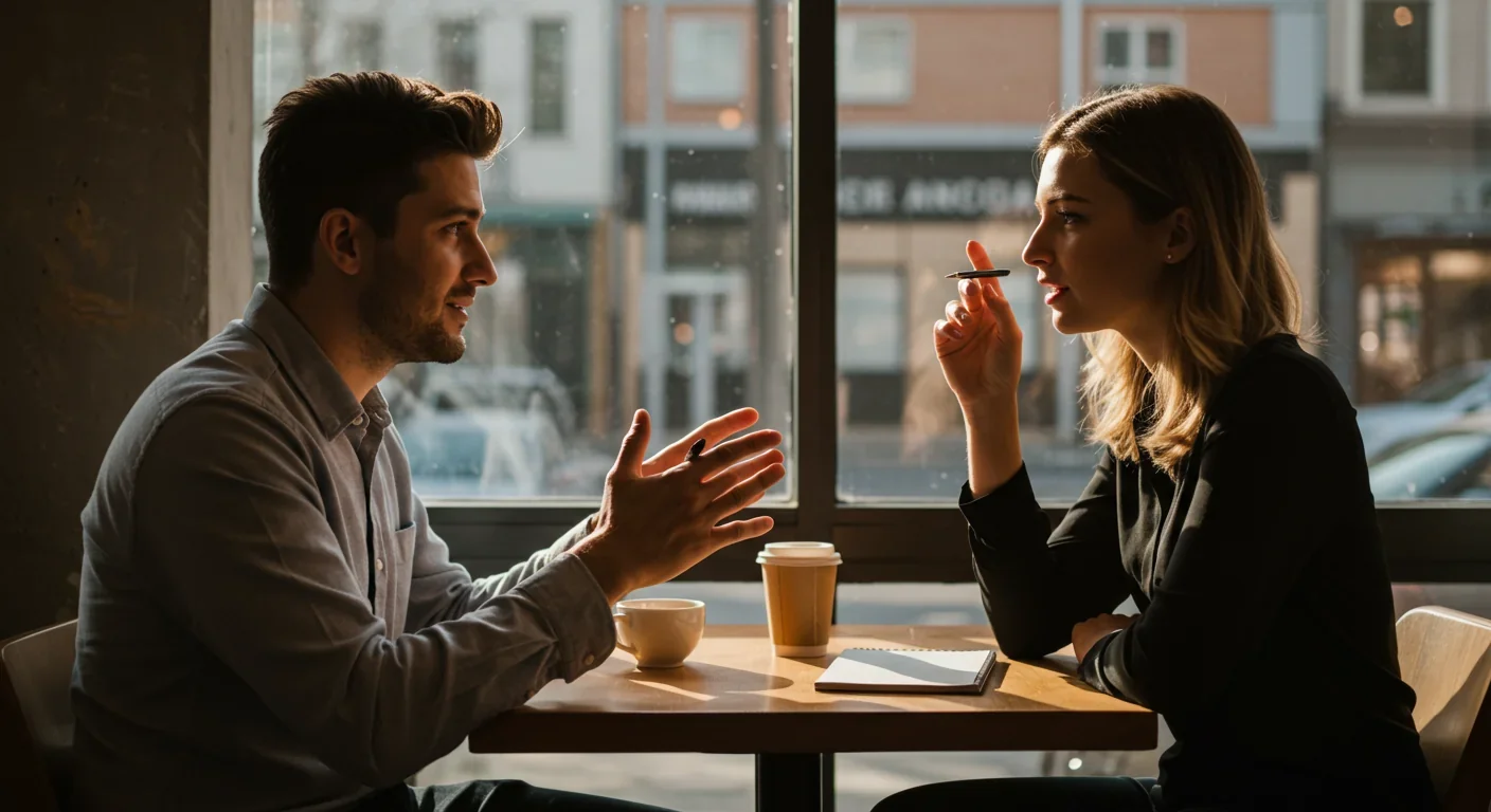 Two people naturally mirroring each other's posture during conversation demonstrating mirror neuron activation