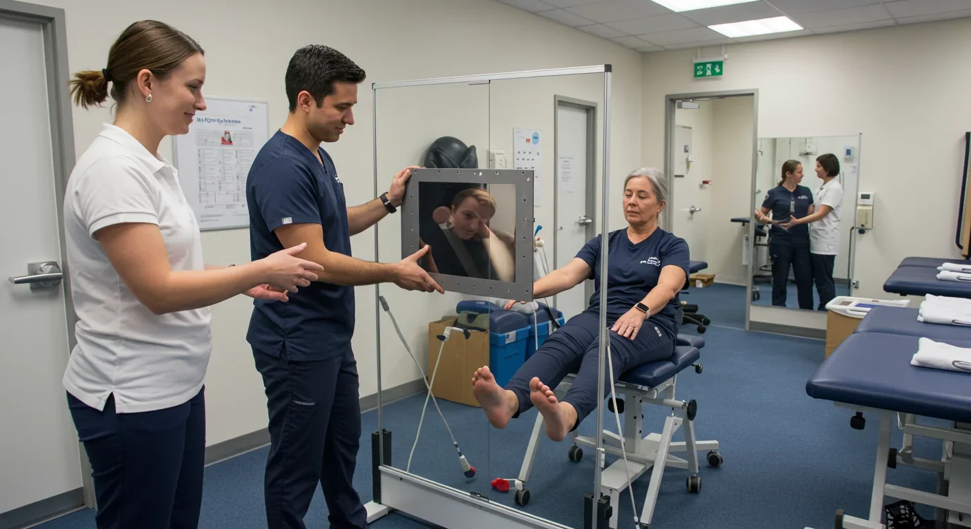 Physical therapist using mirror therapy with stroke patient in clinical rehabilitation setting