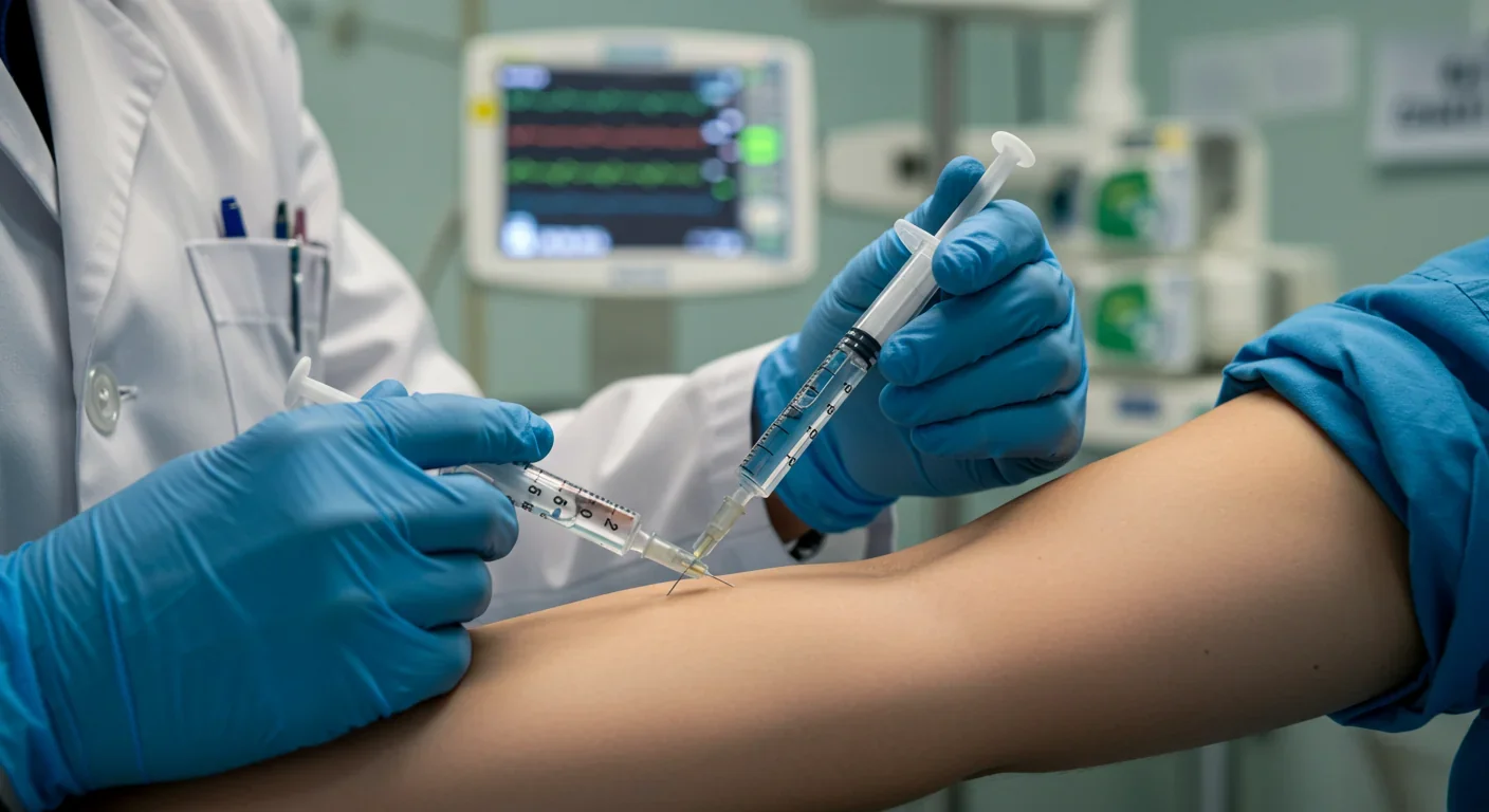Physician administering mitochondrial transplantation therapy via injection in a clinical setting