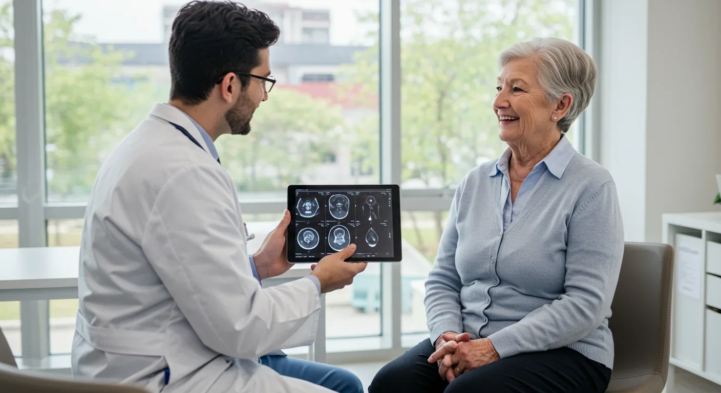 Patient discussing positive treatment outcomes with physician in modern medical consultation room