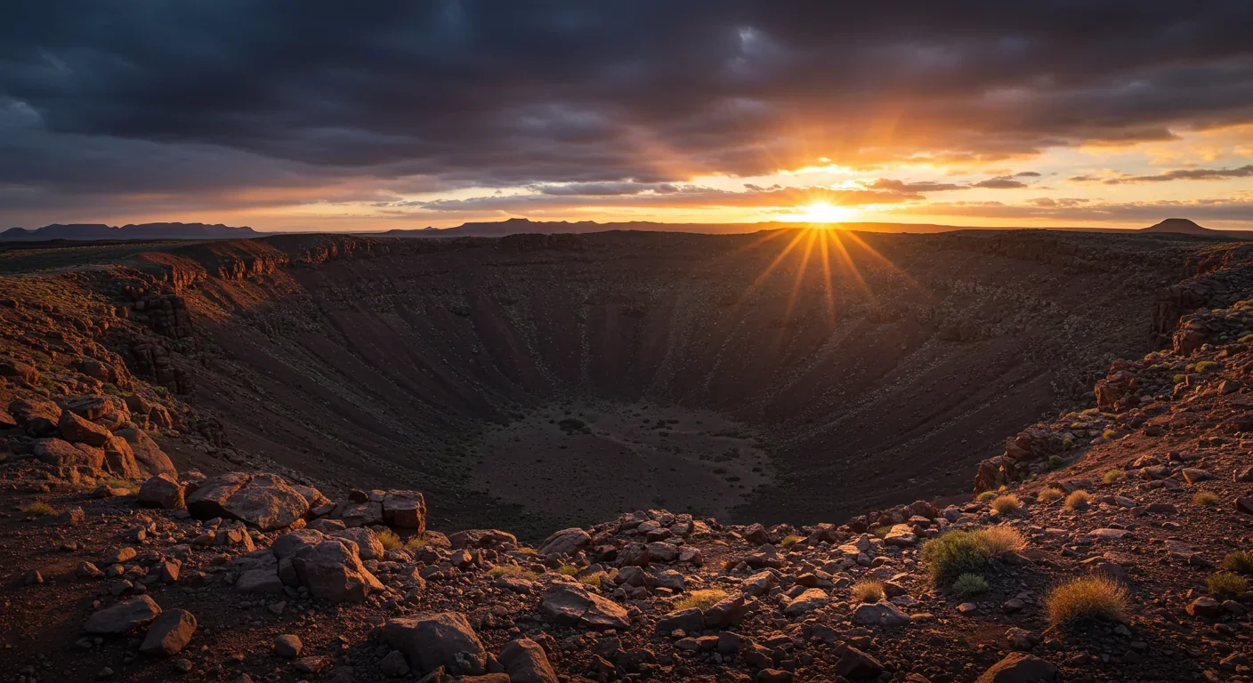 Rocky crater rim with illuminated edge and shadowed interior