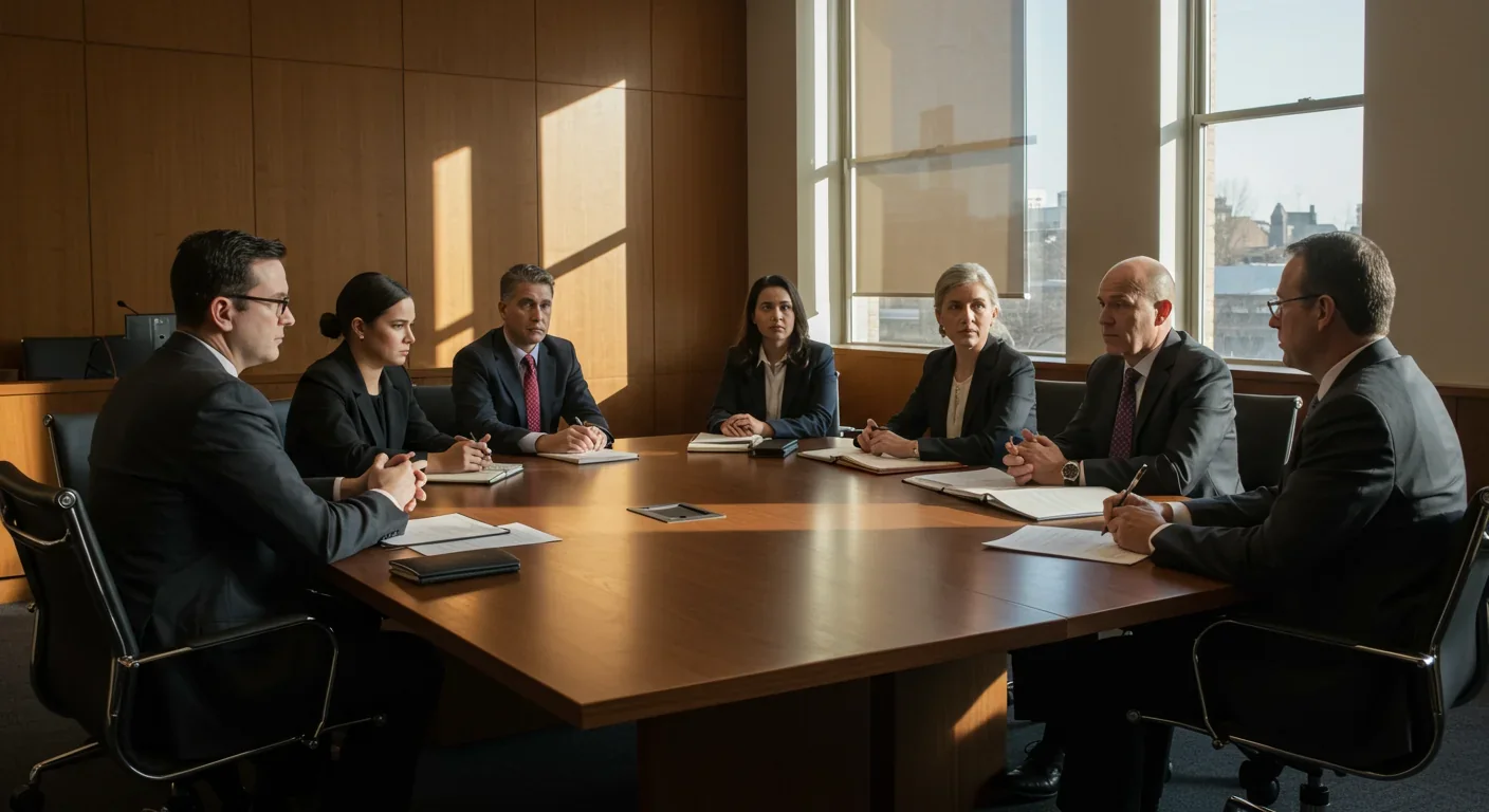 Diverse jury members deliberating around conference table in modern courtroom with natural lighting