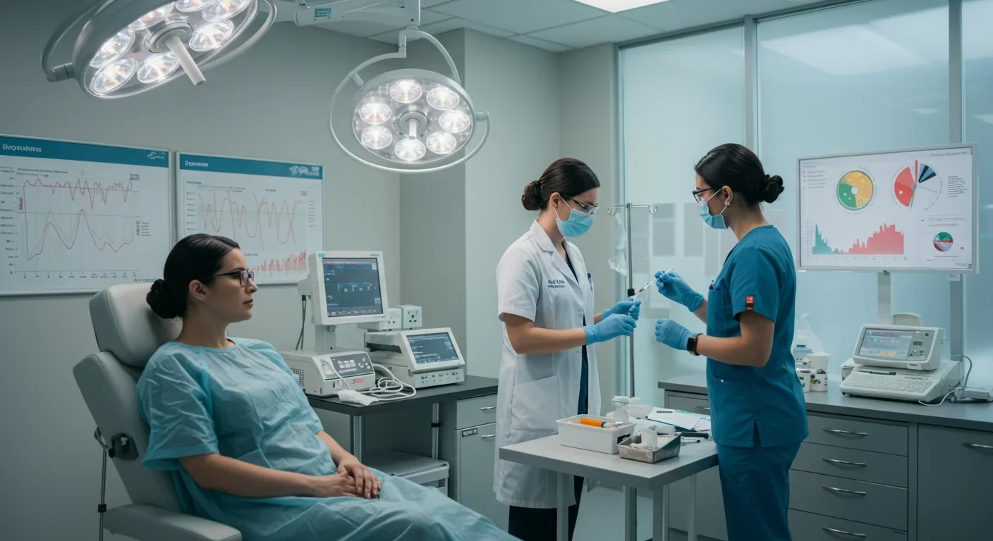 Healthcare professional administering mRNA vaccine to patient in modern clinic with immune response charts visible