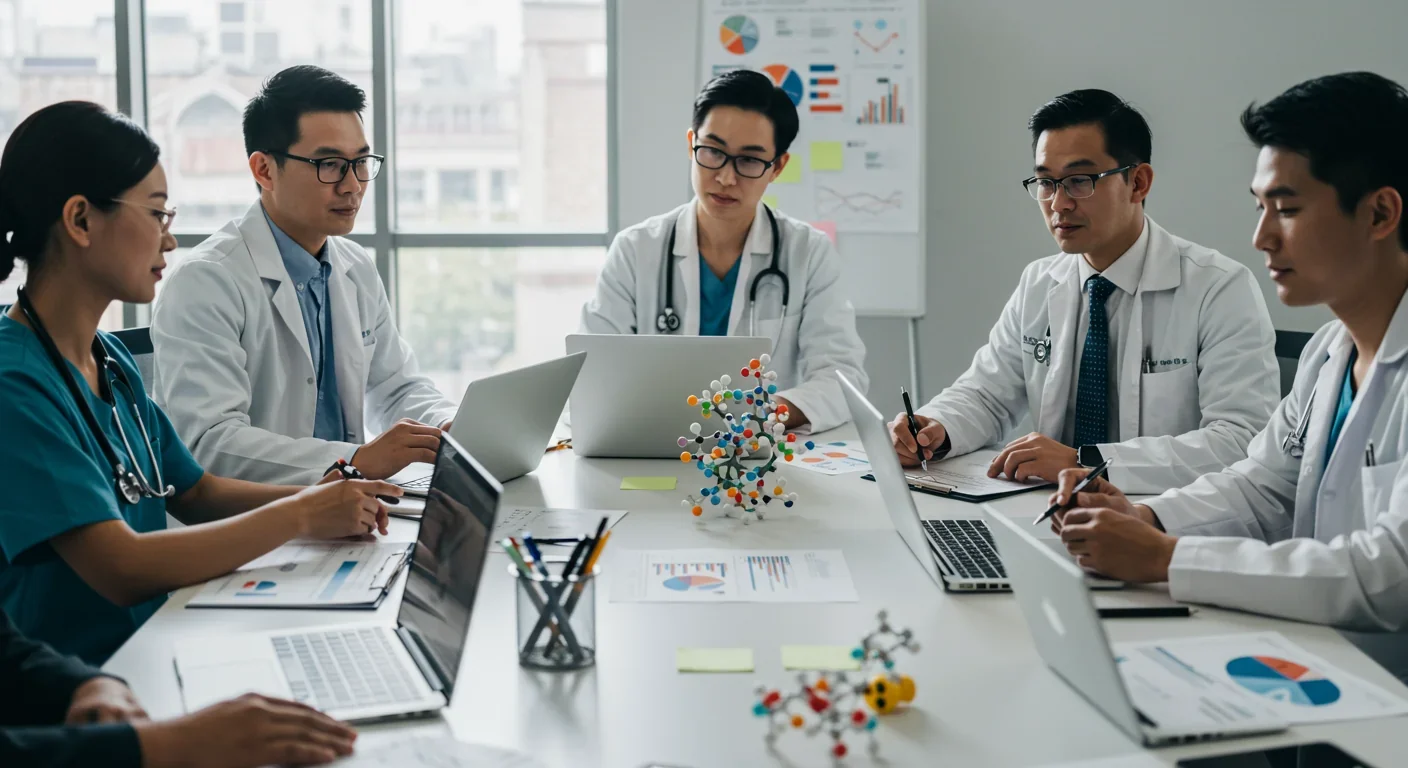 Diverse team of medical professionals and scientists collaborating on mRNA therapy development with molecular models