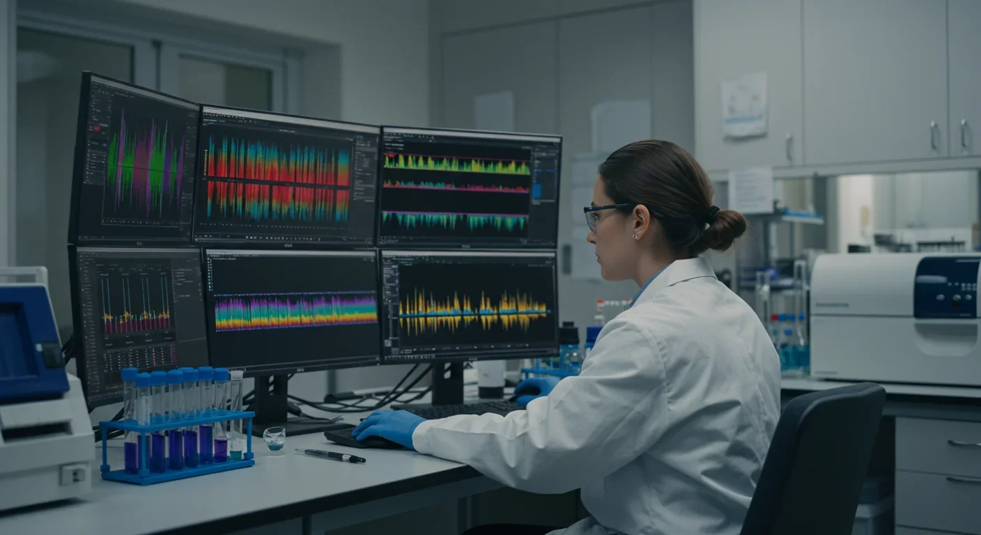 Medical researcher analyzing multiomics data showing genome, proteome, and metabolome layers on holographic displays in modern laboratory