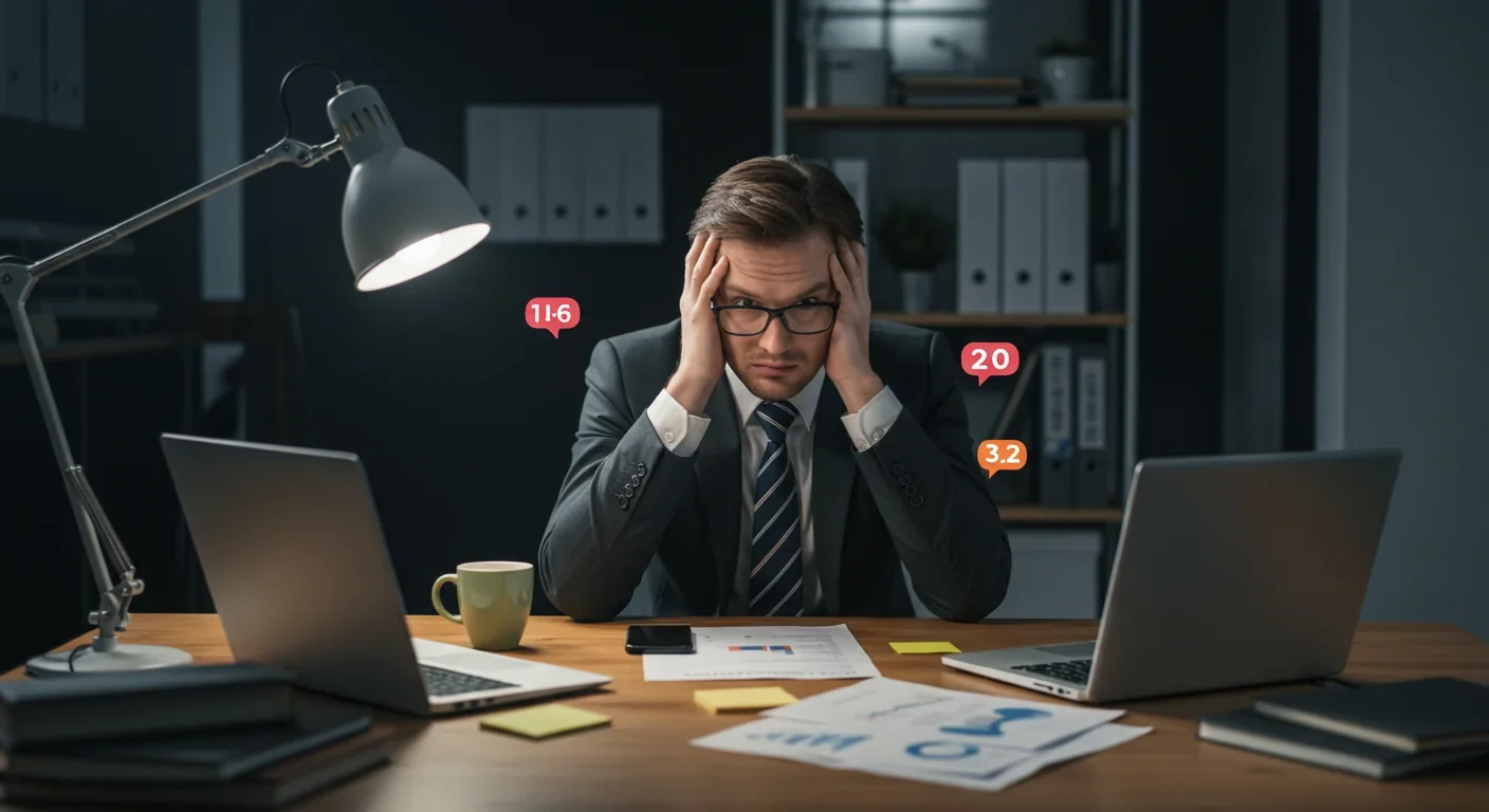 Overwhelmed professional juggling multiple digital tasks at office desk with visible stress and distraction
