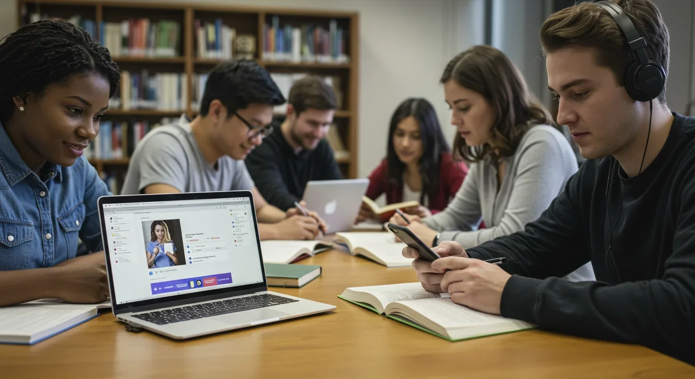University students in library demonstrating contrast between focused studying and digital distraction on devices