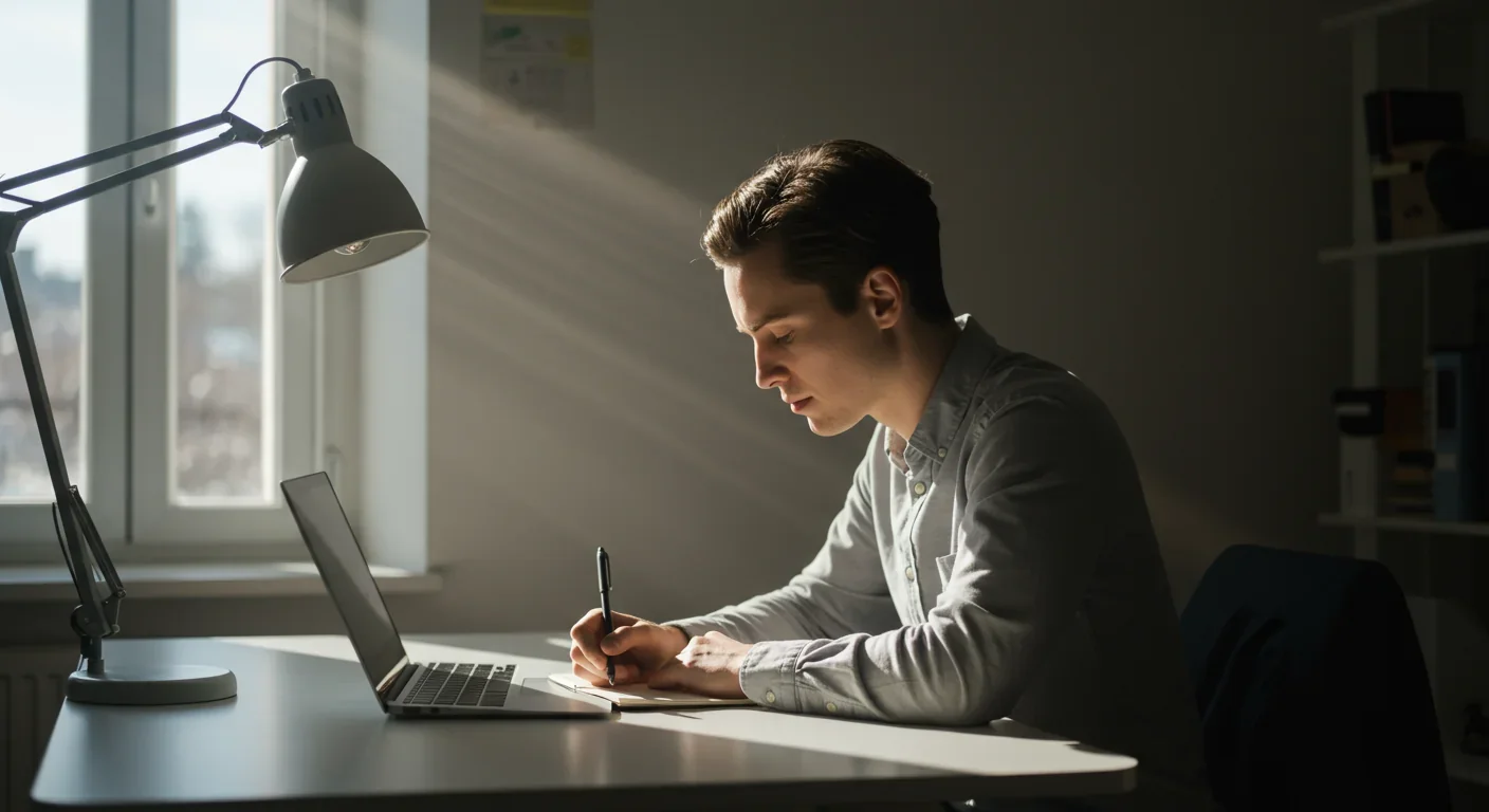 Person practicing single-tasking at minimalist desk with notebook in calm natural lighting without digital distractions