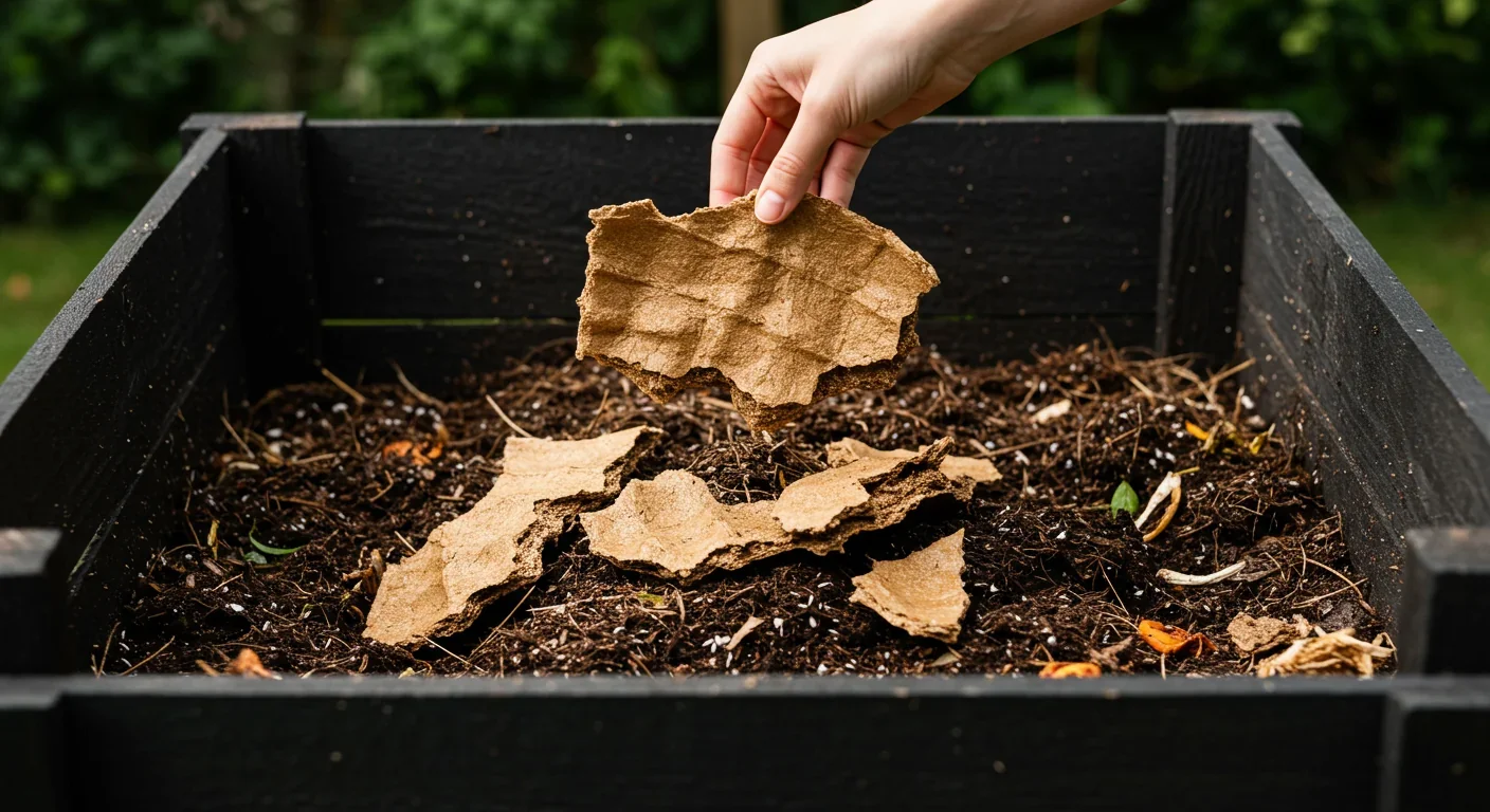 Home composting of mycelium packaging showing biodegradable disposal in backyard garden compost bin