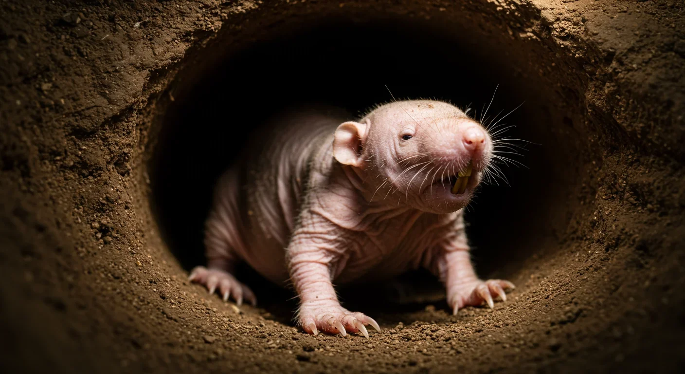 A naked mole rat in its underground burrow habitat showing characteristic wrinkled pink skin and prominent teeth