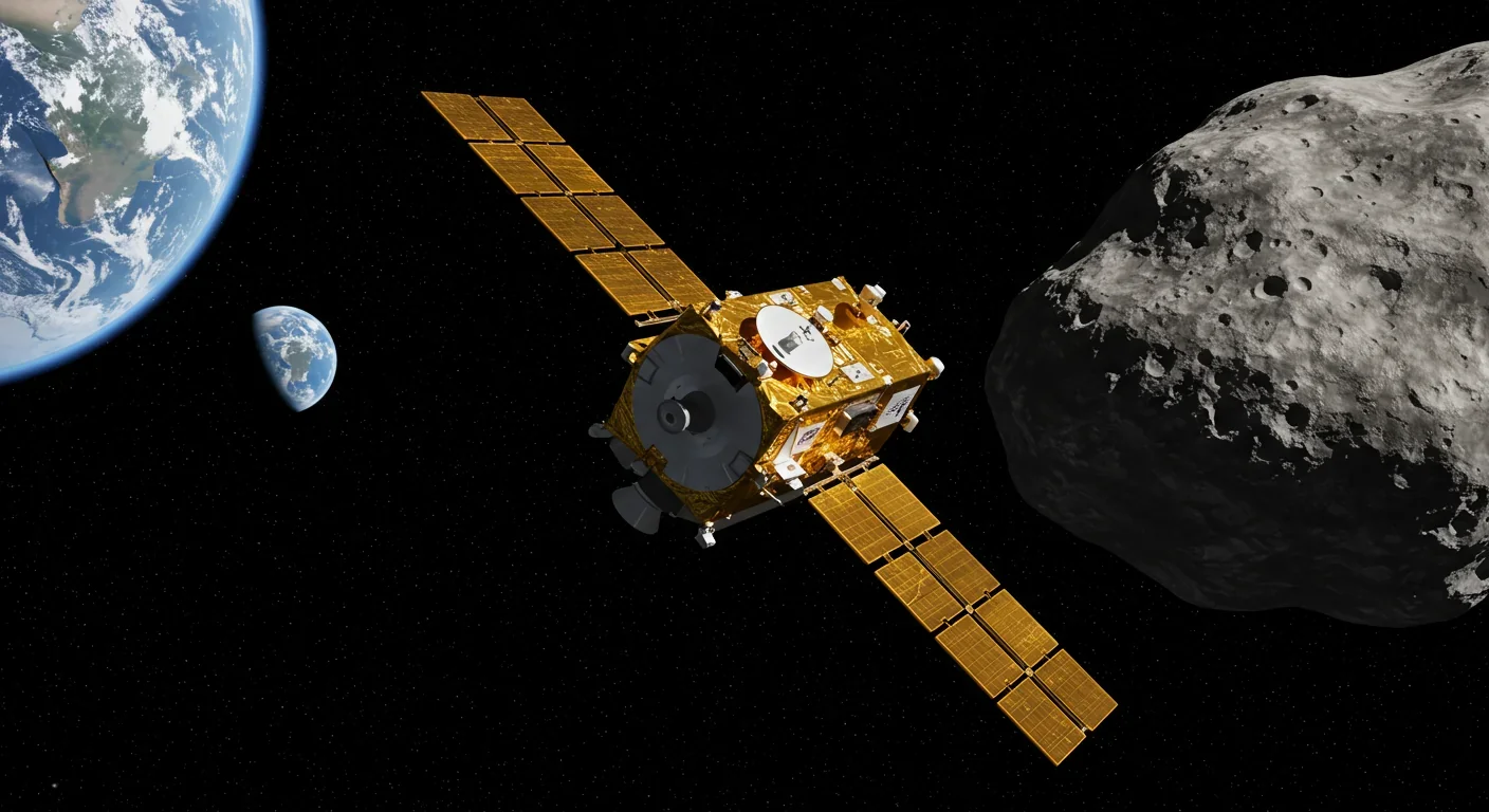 NASA Psyche spacecraft approaching the metallic asteroid 16 Psyche in deep space with Earth in background