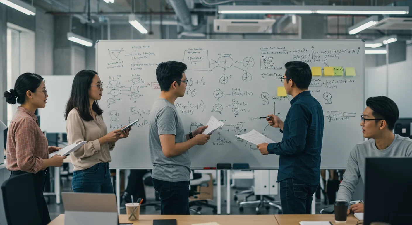 Engineering team designing neural collaborative filtering architecture on whiteboard