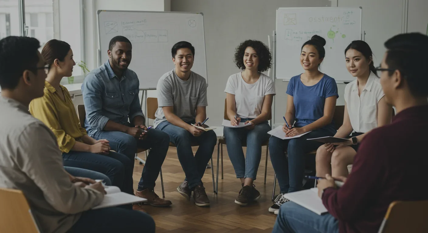 Diverse group of people engaged in community discussion with open and engaged body language