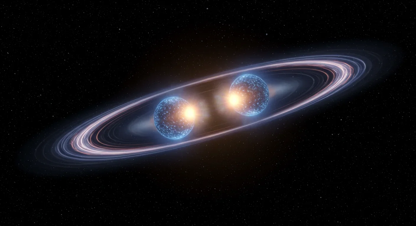 Two neutron stars moments before collision with gravitational wave ripples and ejected matter visible in space