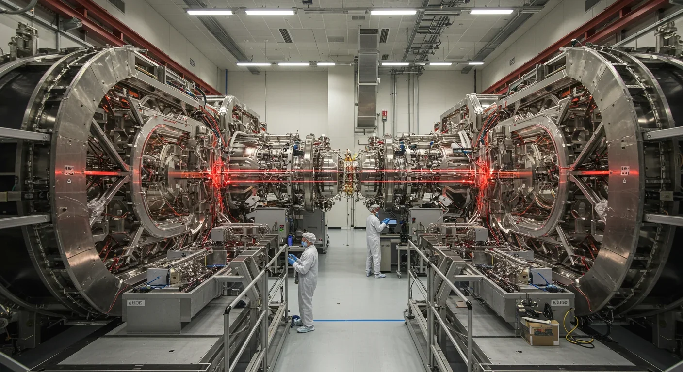 Inside LIGO gravitational wave observatory showing laser interferometer arms and detection equipment