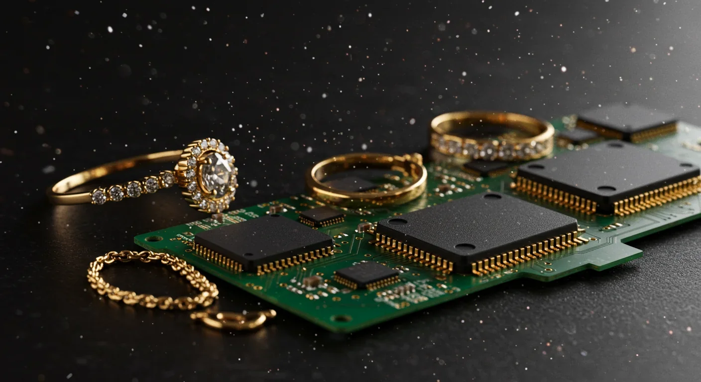 Gold jewelry and platinum electronics representing heavy elements created in neutron star mergers billions of years ago