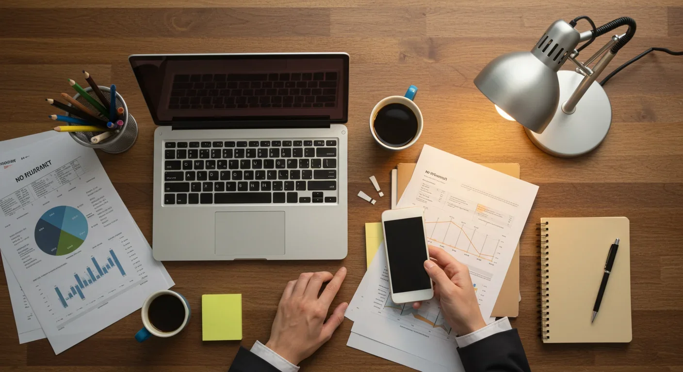 Overhead view of workspace showing hand reaching for smartphone interrupting laptop work