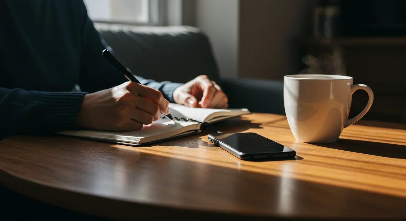 Person engaged in focused work with smartphone turned face-down on table