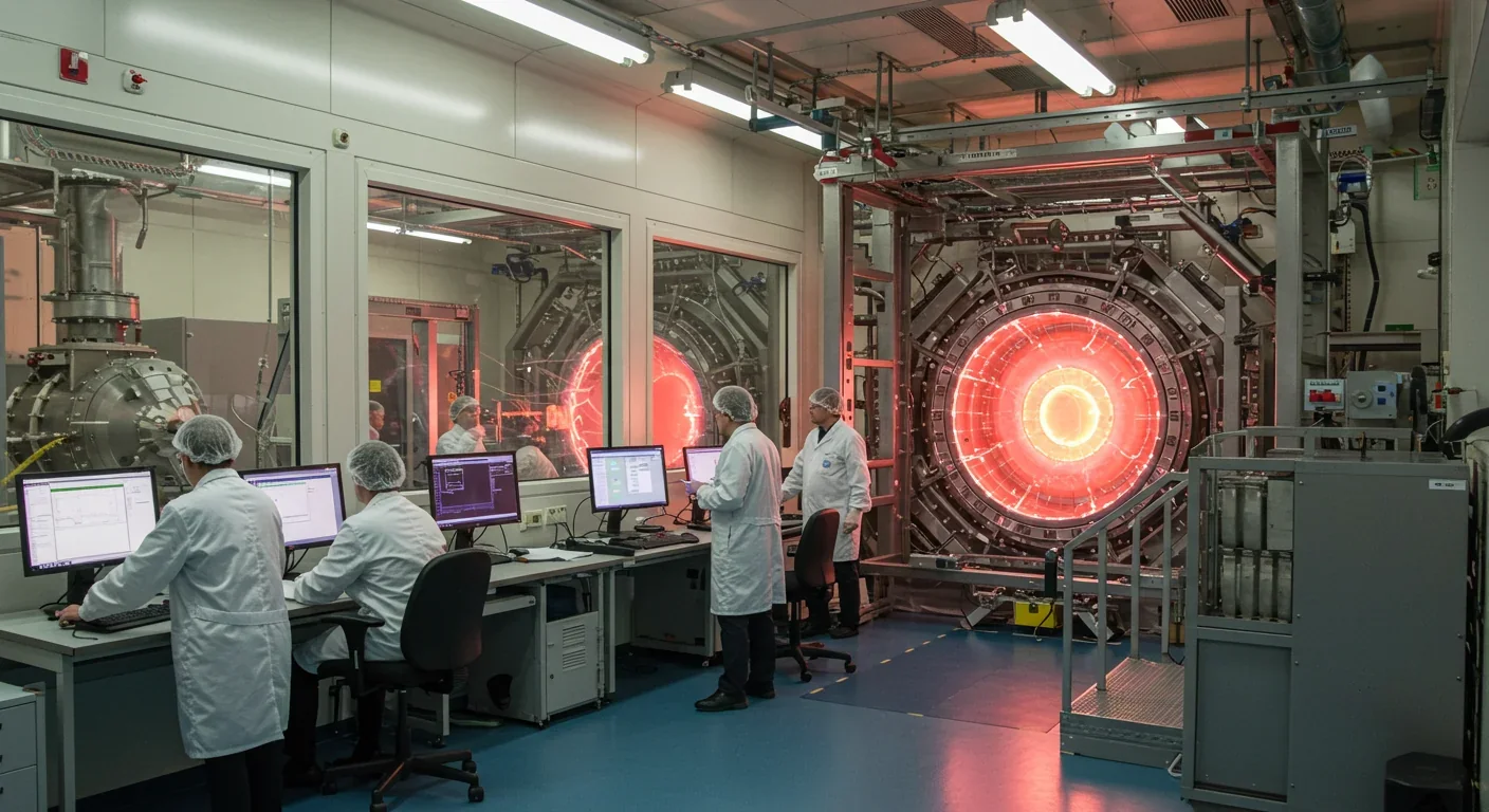Scientists monitoring nuclear fusion plasma reactor inside modern research facility
