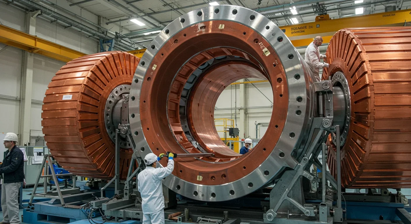Workers assembling high-temperature superconducting magnet coils for fusion reactor