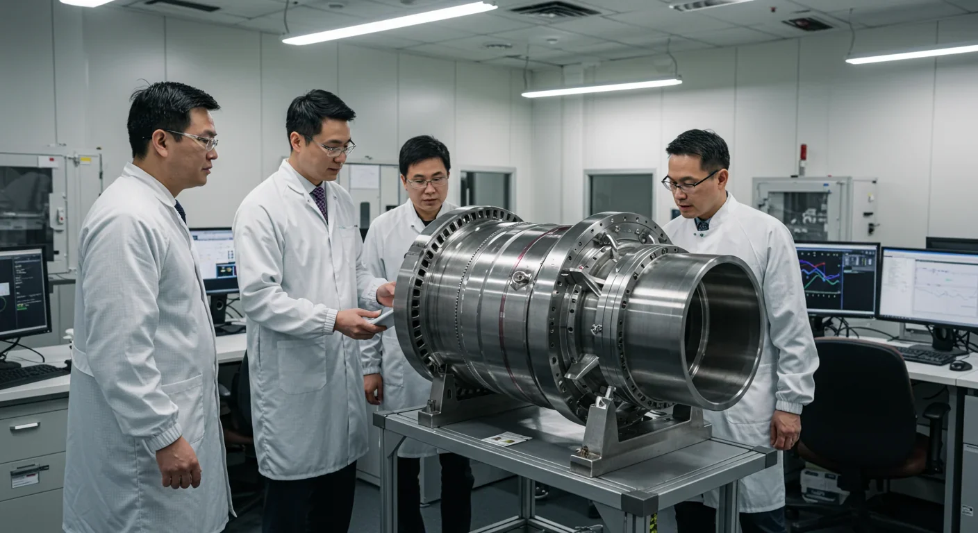 Engineers examining nuclear rocket engine components in advanced laboratory setting