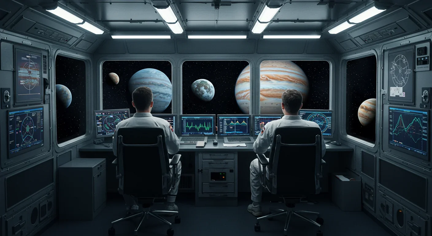 Astronauts viewing Jupiter's moons from spacecraft cabin with advanced control systems