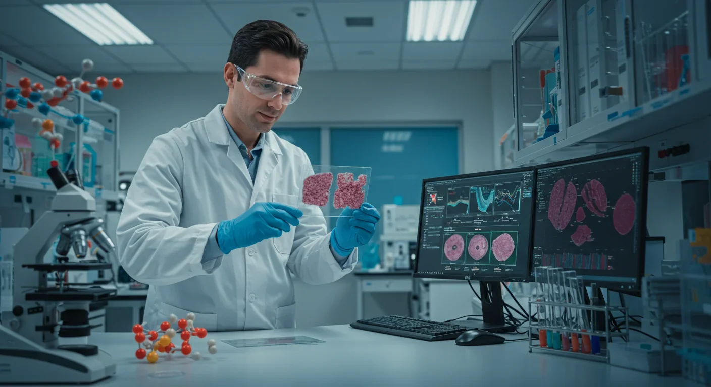 Scientist studying adipose tissue samples and metabolic pathways in research laboratory