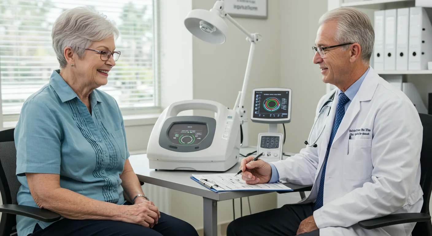 Doctor discussing personalized health approach with elderly patient using body composition analysis