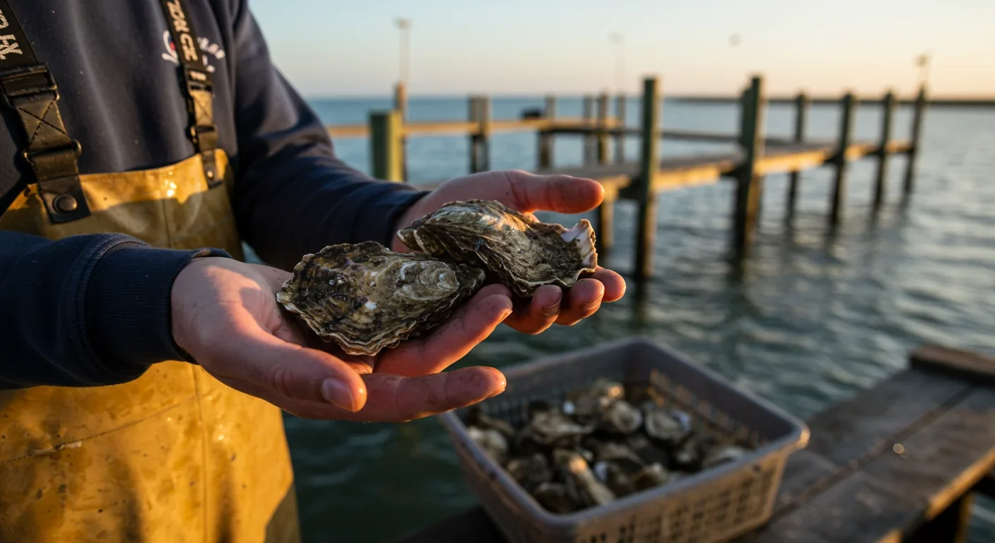 Oyster farmer examining eroded shells damaged by ocean acidification at coastal aquaculture facility